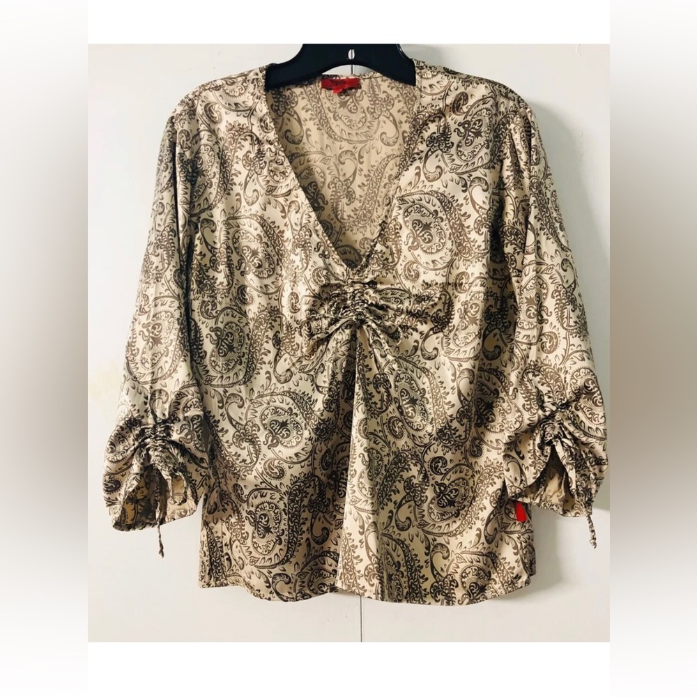 ZAGORA Blouse Size M Classic Parsley 3/4 Sleeves Top Tie neck and sleeves